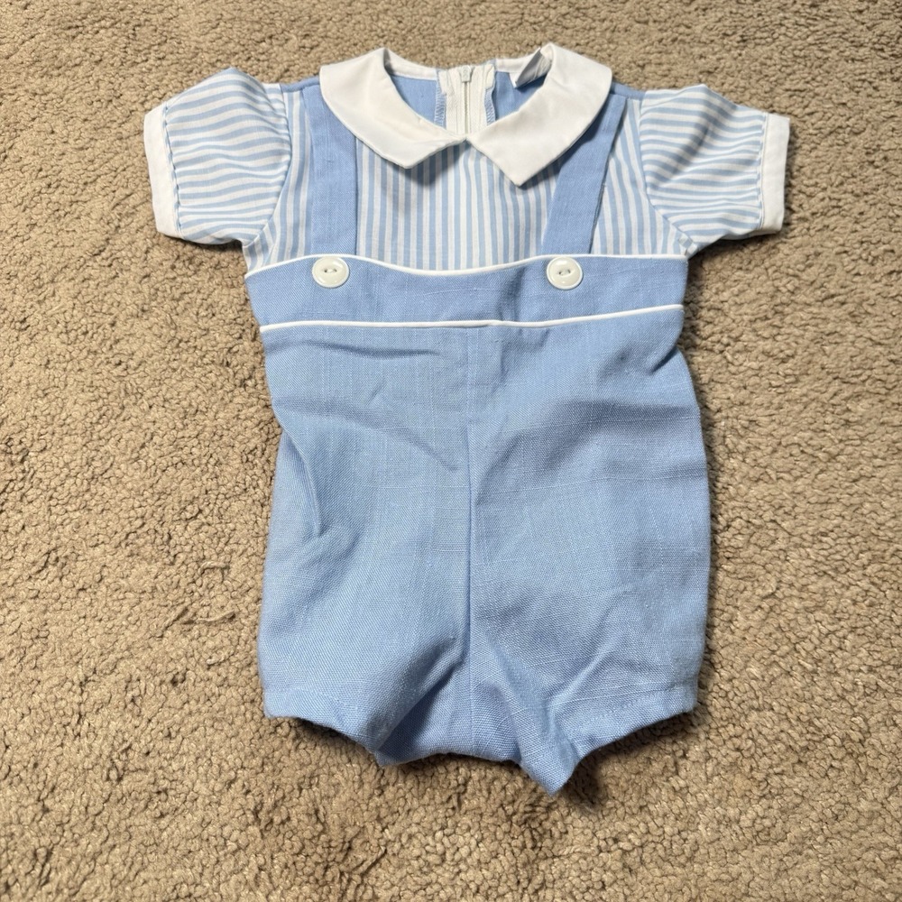Bryan Nautical Romper 6-9 Months Blue White Striped Short Sleeve Collared VTG 80